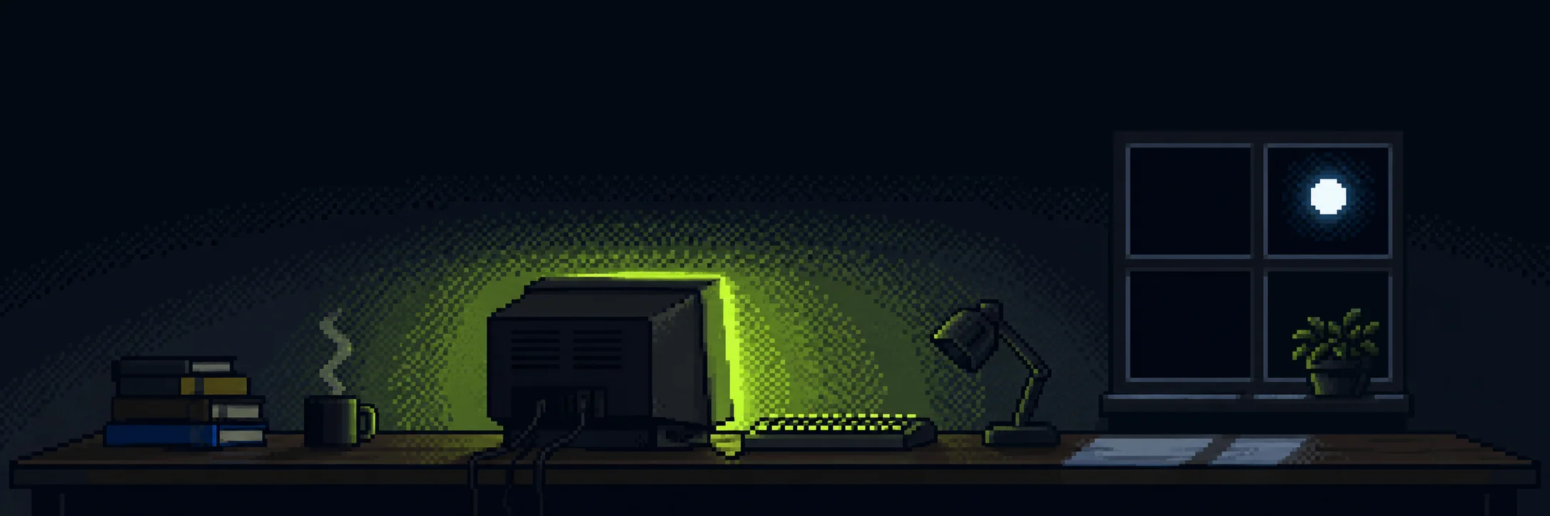 Pixel-art night scene: a desk with books, a steaming mug, an old CRT monitor whose green glow washes the wall, a keyboard and a switched-off lamp, and on the right a window with a full moon