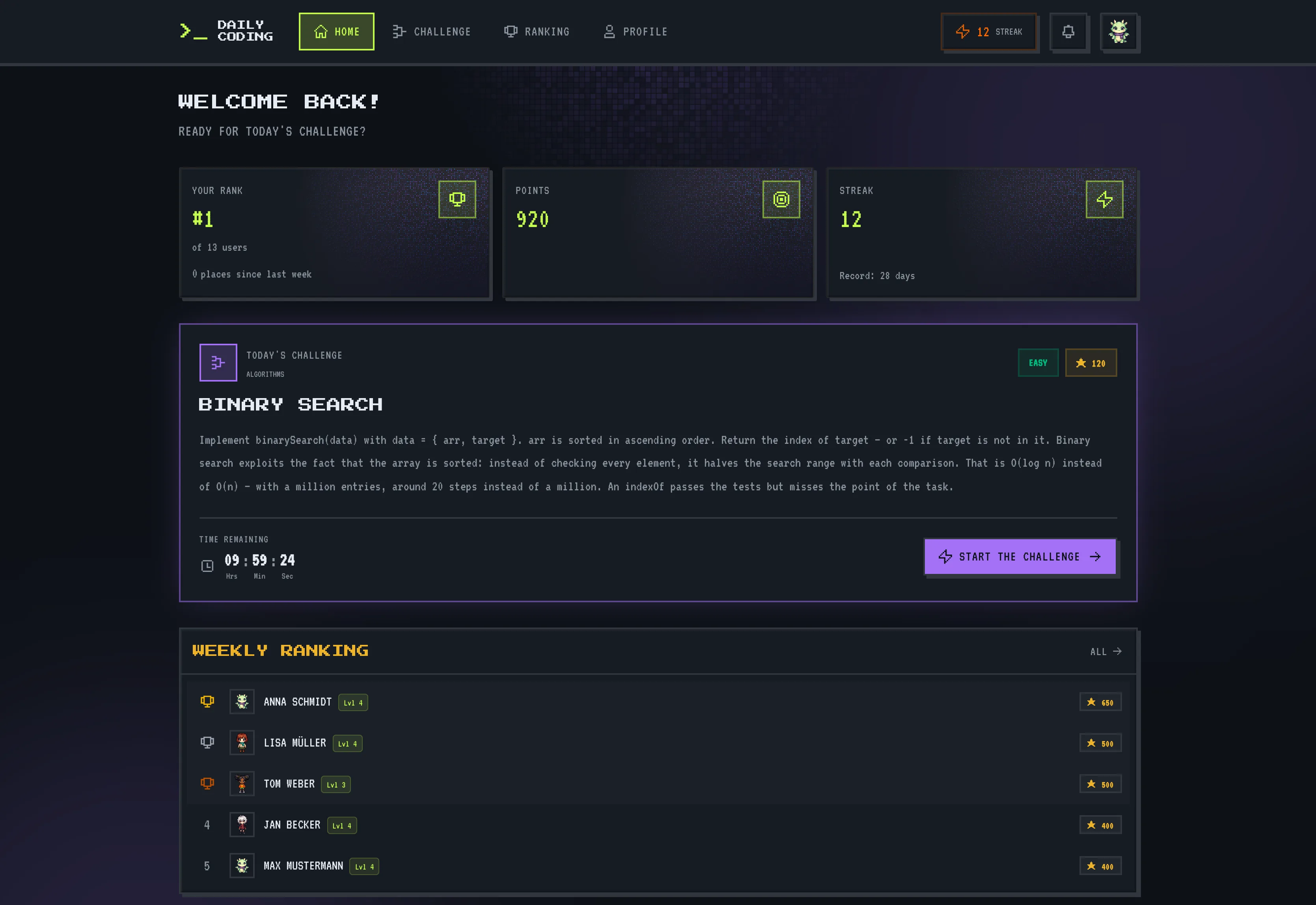 The Daily Coding dashboard with rank, points, streak and today's challenge